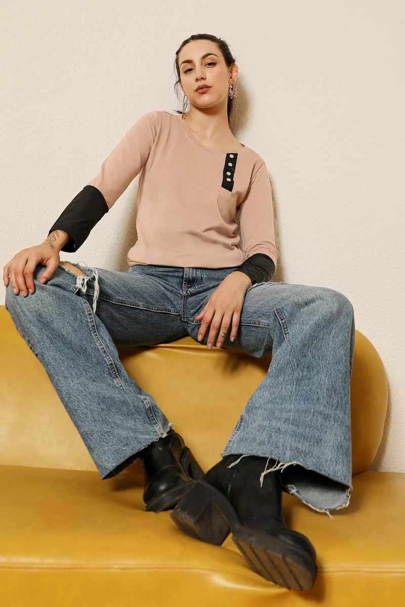 Pinacolada  Women's Beige Contrast Sleeve Top for Women | Best Price UAE
