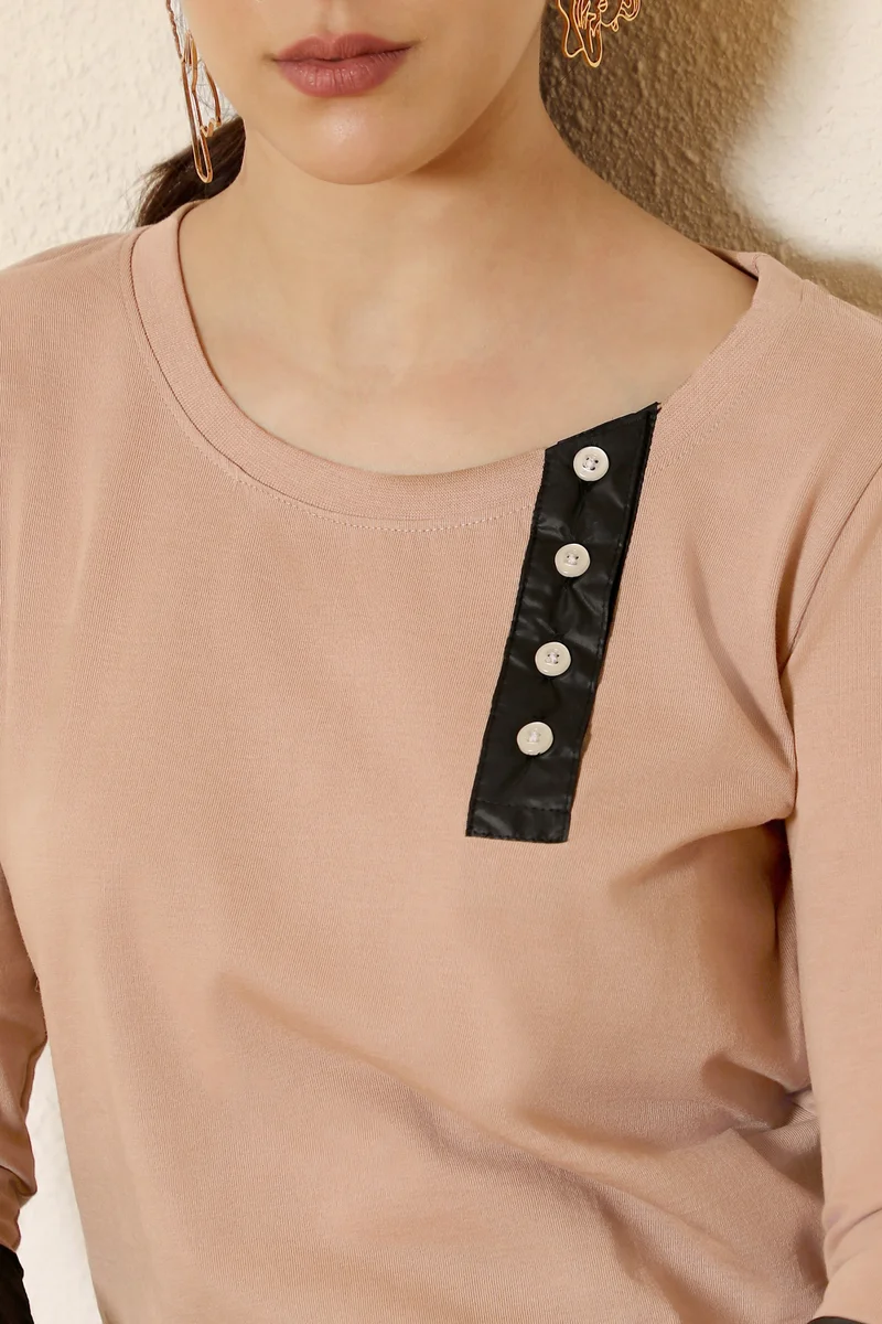 Pinacolada  Women's Beige Contrast Sleeve Top for Women | Best Price UAE