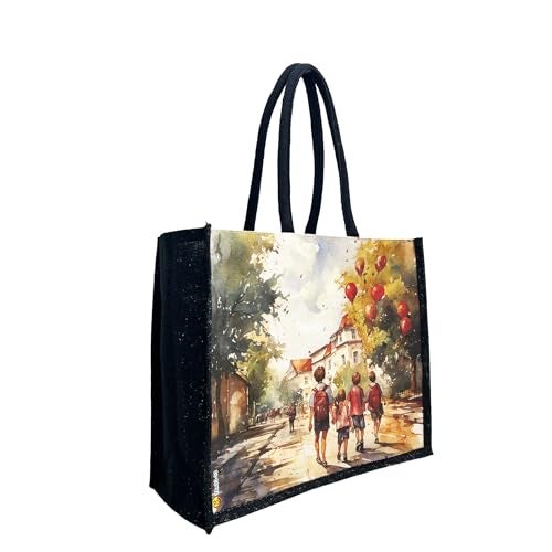 Sangra Multicolor Black Canvas Jute Bag For Men and Women Lunch Bag with Zip and handle (School kids) - Image 2