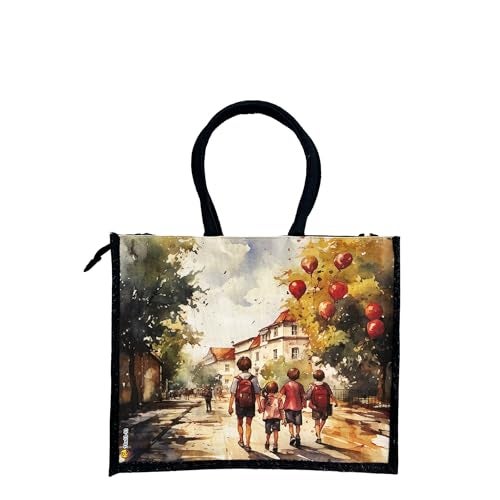 Sangra Multicolor Black Canvas Jute Bag For Men and Women Lunch Bag with Zip and handle (School kids) - Image 1