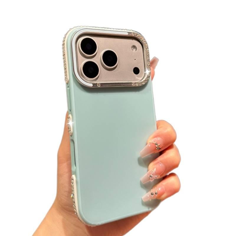 MS غطاء واقي بسيليكون لـ iPhone 14 / 14 Plus / 14 Pro / 14 Pro Max مع إطار عدسة ماسي ومرآة مكياج على شكل قلب مع مقاوم للصدمات مع حامل قائم مع حماية من السقوط باللون أزرق بوظيفة حامل. - Image 1
