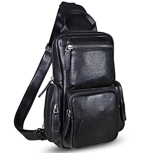 IVTG Genuine Leather Sling Bag Crossbody Casual Hiking Daypack Vintage Handmade Chest Bag Shoulder Backpack Motorcycle Pack Darkgrey