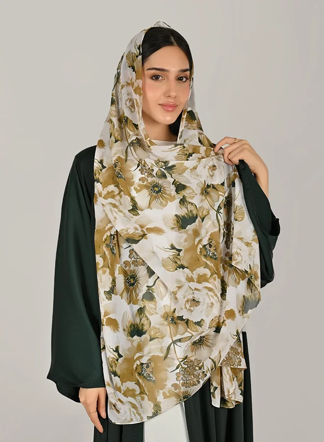 Hawraa Abaya Green Wrap Abaya with a Flowing Flared Cut, Wide Sleeves, and Matching Floral-Print Hijab