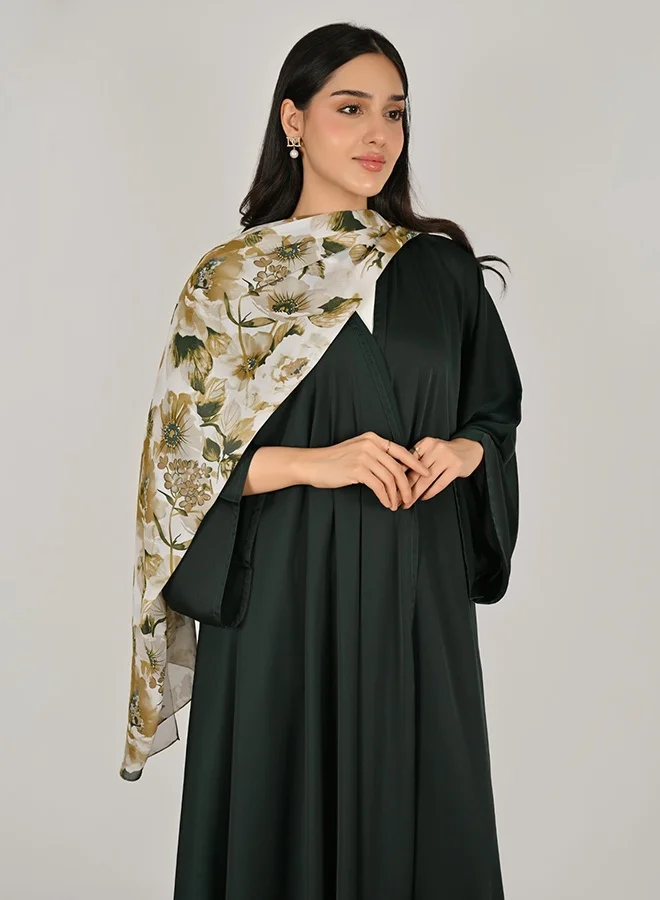 Hawraa Abaya Green Wrap Abaya with a Flowing Flared Cut, Wide Sleeves, and Matching Floral-Print Hijab