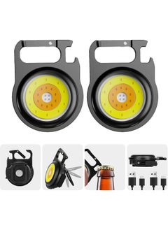 2 Pack Mini LED Flashlight 6 Light Modes Portable Pocket Light Rechargeable COB Floodlight Keychain 3 Color Foldable Bracket Manual Bottle Opener with Magnet Back for Camping Fishing Hiking