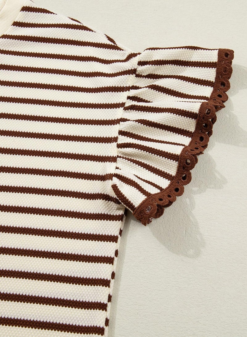 Shein SHEWIN Women Summer Tops Ruffle Short Sleeve Shirts Business Dressy Blouse Casual Fashion Trendy Sweaters Loose Fit Work 2026 Clothes Size S, Beige and Brown Stripe - Image 5