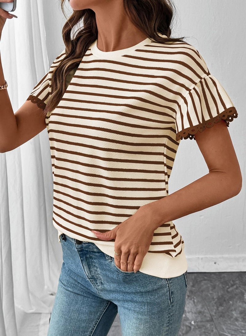 Shein SHEWIN Women Summer Tops Ruffle Short Sleeve Shirts Business Dressy Blouse Casual Fashion Trendy Sweaters Loose Fit Work 2026 Clothes Size S, Beige and Brown Stripe - Image 2