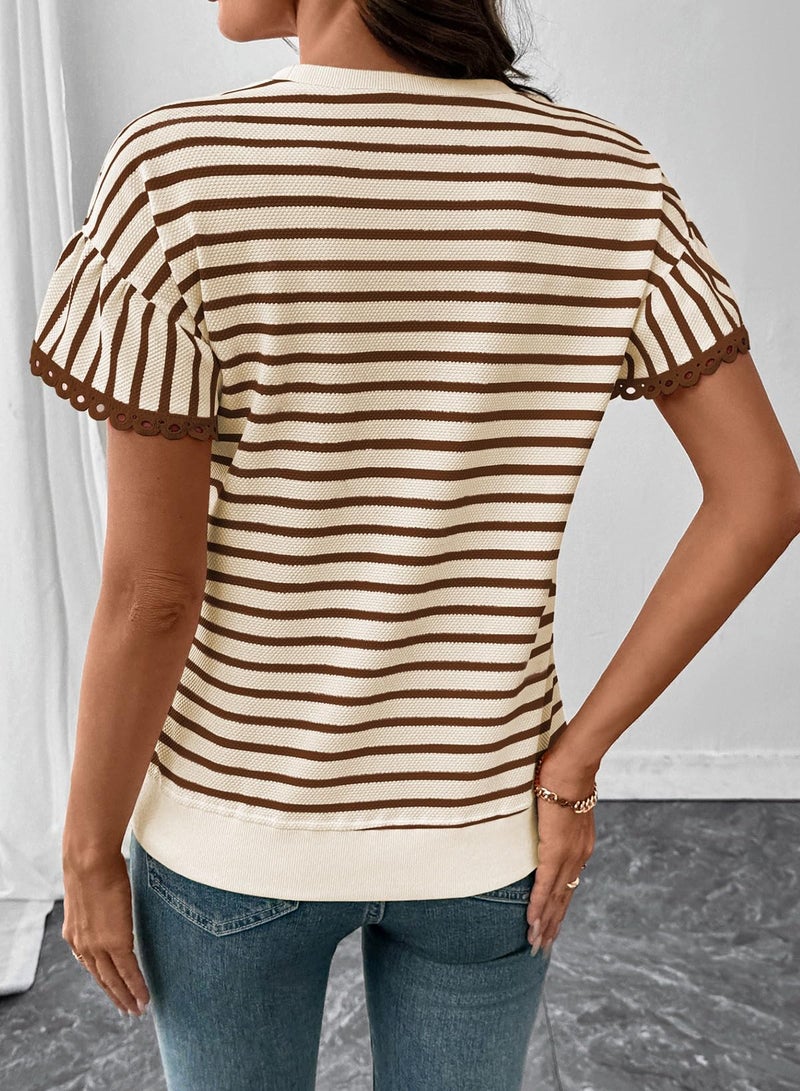 Shein SHEWIN Women Summer Tops Ruffle Short Sleeve Shirts Business Dressy Blouse Casual Fashion Trendy Sweaters Loose Fit Work 2026 Clothes Size S, Beige and Brown Stripe - Image 3