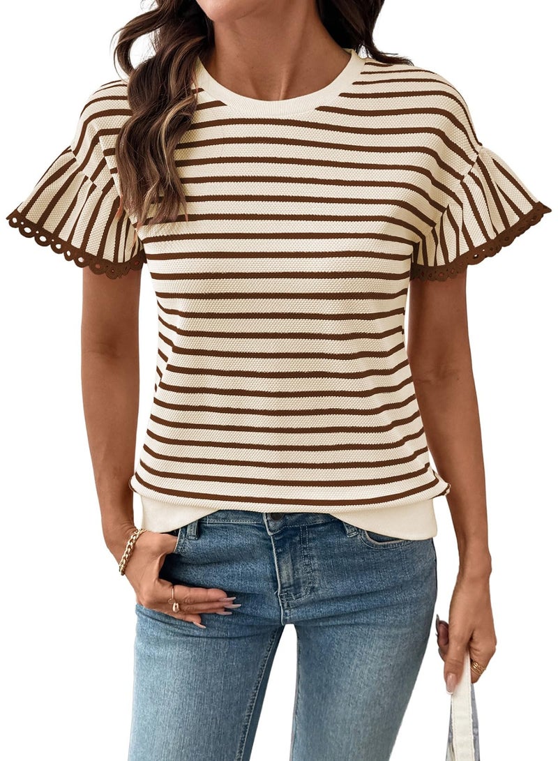Shein SHEWIN Women Summer Tops Ruffle Short Sleeve Shirts Business Dressy Blouse Casual Fashion Trendy Sweaters Loose Fit Work 2026 Clothes Size S, Beige and Brown Stripe - Image 1