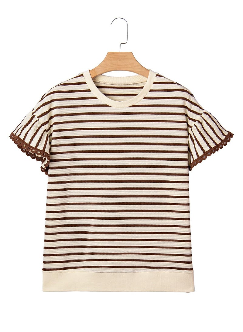 Shein SHEWIN Women Summer Tops Ruffle Short Sleeve Shirts Business Dressy Blouse Casual Fashion Trendy Sweaters Loose Fit Work 2026 Clothes Size S, Beige and Brown Stripe - Image 4