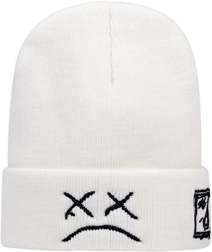 Dvches Beanie Hat for Men Women with Sad Face Cuffed Plain Skull Knit Cap Hip Hop Hats, White - Image 1