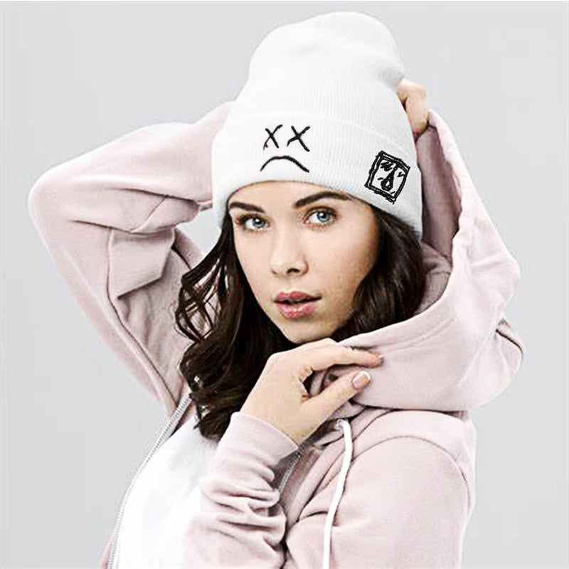 Dvches Beanie Hat for Men Women with Sad Face Cuffed Plain Skull Knit Cap Hip Hop Hats, White - Image 2