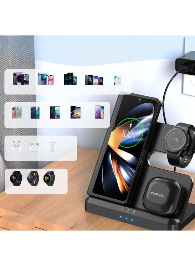 Wireless Charger ,3 in 1 Fast Wireless Charging Station for Galaxy S24 S23 Ultra S22 S21 Z Fold5/4 Z Flip5/4,Wireless Watch Charger Galaxy Watch 6 Classic 5pro/4,Galaxy Buds - Black - Image 2
