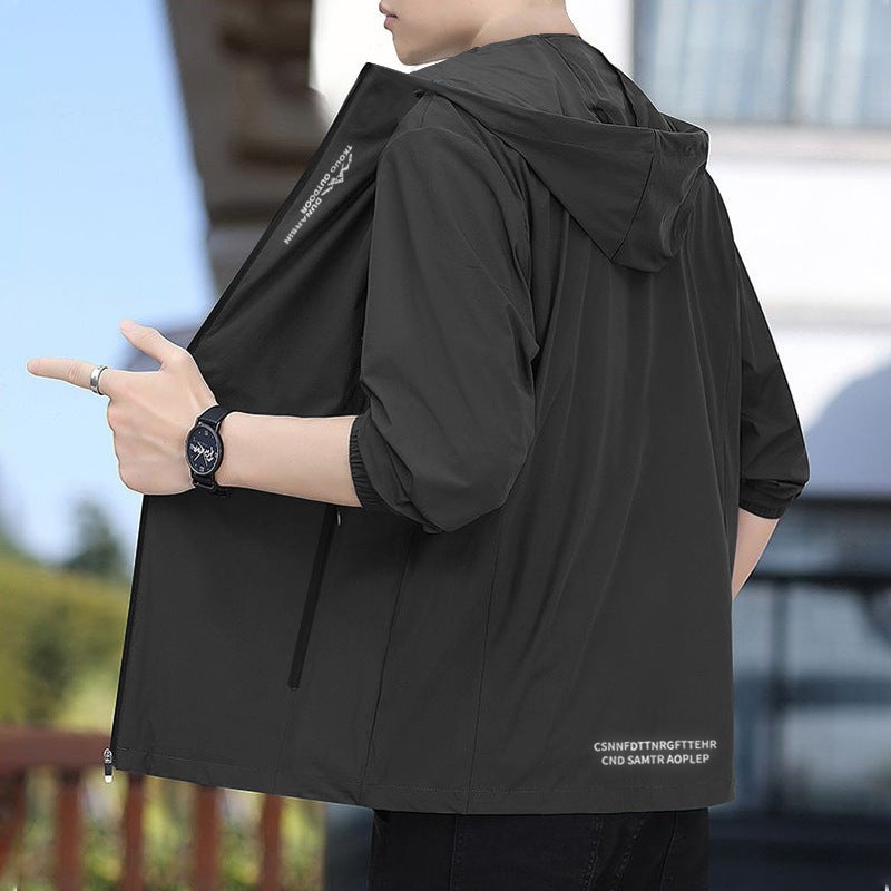 2024 Ice Silk Hooded Sun Protection Clothing Men'S Summer Thin Jacket Fashionable All-Match Thin Sun Protection Clothing Skin Clothing - Image 1