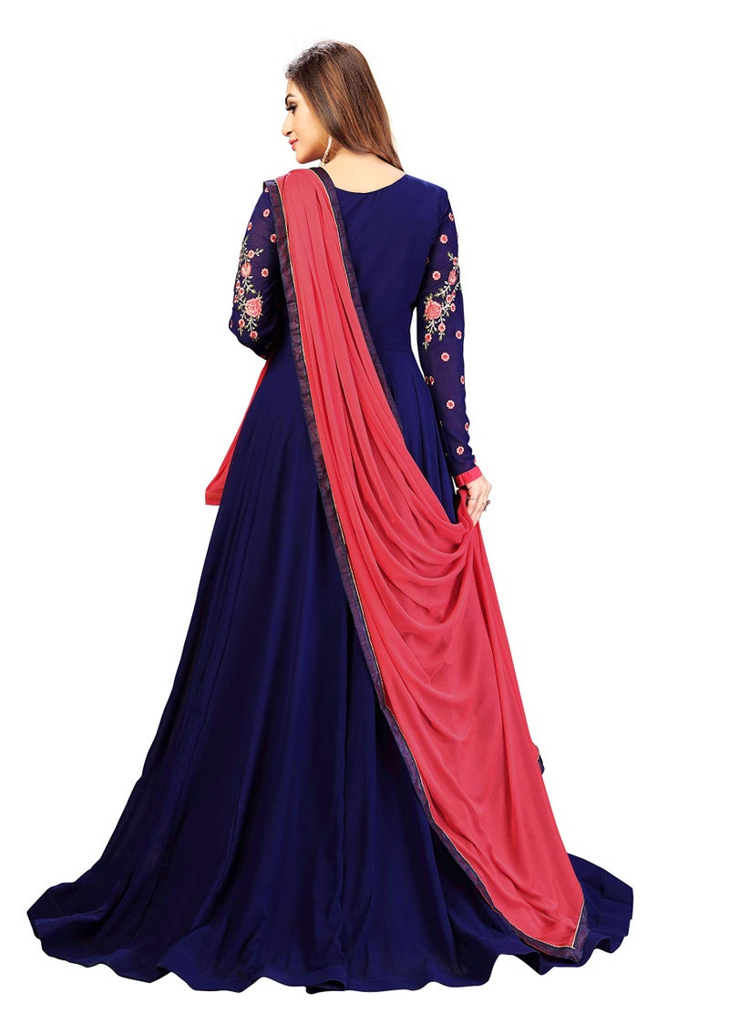 TRENDMALLS بدلة نسائية من جورجيت مطرزة مع سروال أناركالي وقميص مع دوباتا (G41-Blue-S) - Image 2