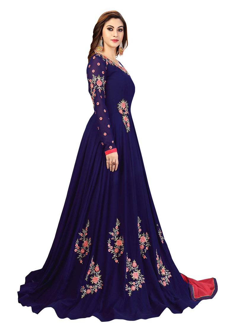 TRENDMALLS بدلة نسائية من جورجيت مطرزة مع سروال أناركالي وقميص مع دوباتا (G41-Blue-S) - Image 4
