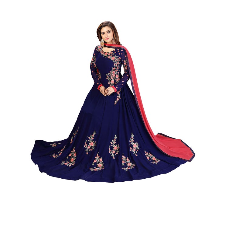 TRENDMALLS بدلة نسائية من جورجيت مطرزة مع سروال أناركالي وقميص مع دوباتا (G41-Blue-S) - Image 5