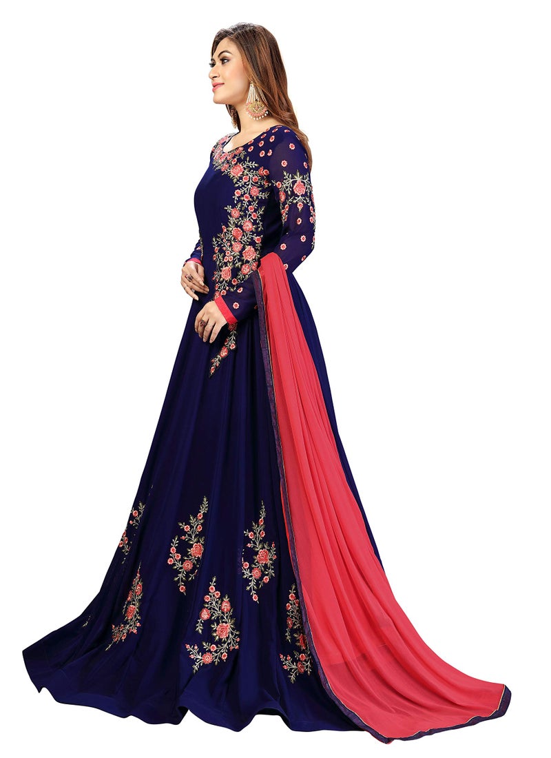 TRENDMALLS بدلة نسائية من جورجيت مطرزة مع سروال أناركالي وقميص مع دوباتا (G41-Blue-S) - Image 3