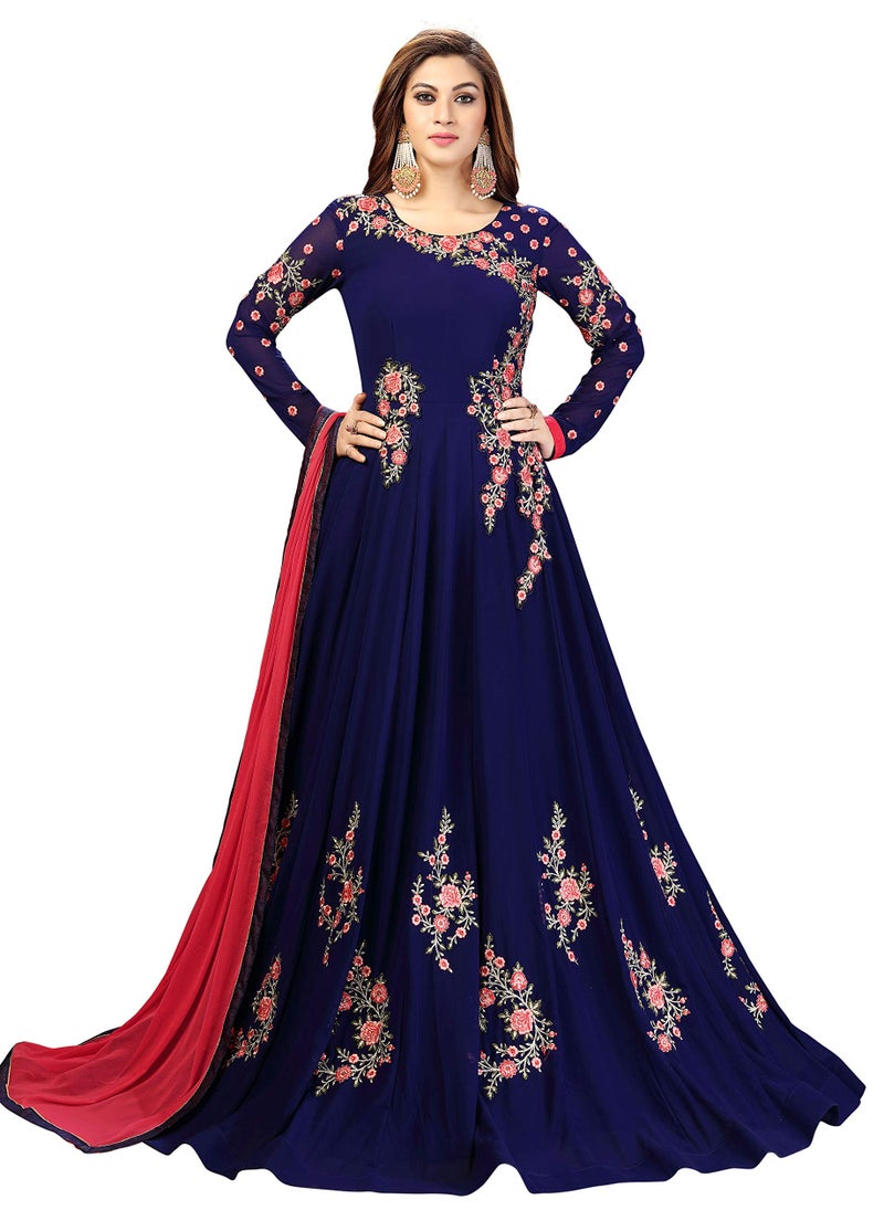 TRENDMALLS بدلة نسائية من جورجيت مطرزة مع سروال أناركالي وقميص مع دوباتا (G41-Blue-S) - Image 1