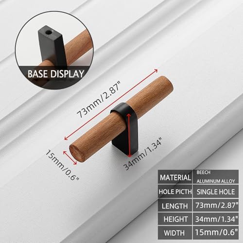 Mcredy T Bar Pulls for Cabinets Single Hole Black Wooden Cabinets Handle Pulls for Closet Wardrobe Kitchen Drawer Dresser Hardware, 8 Packs - Image 2