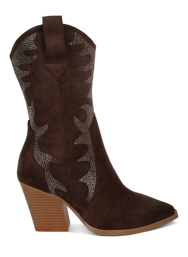 London Rag Rhinestones Embellished Calf Boots in Brown  - Image 1