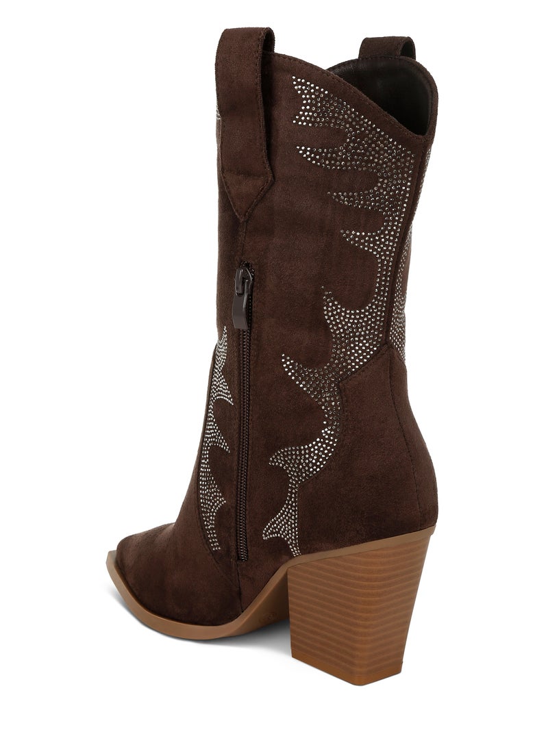 London Rag Rhinestones Embellished Calf Boots in Brown  - Image 3