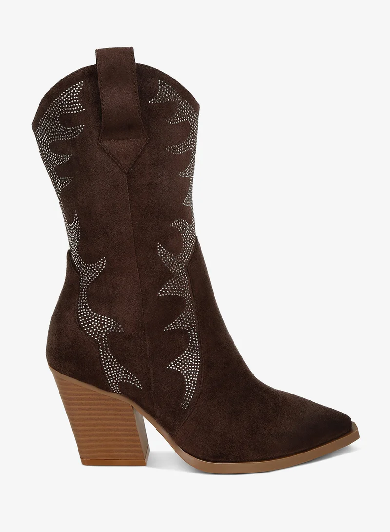 Rhinestones Embellished Calf Boots in Brown