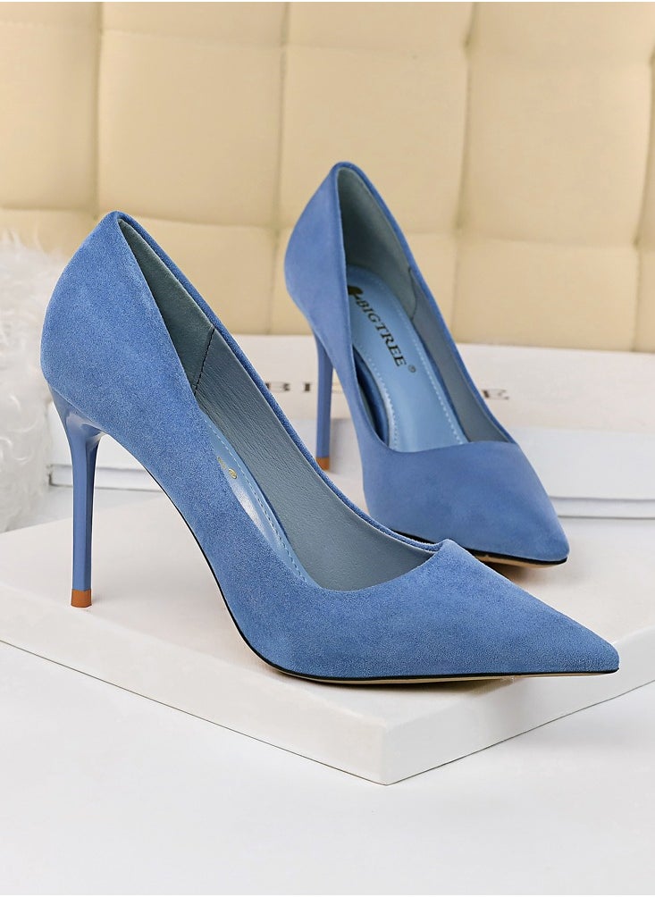 BIGTREE Women's Solid Color Elegant Velour Stiletto Pumps 9 CM Fashion Gorgeous Closed Pointed Toe Slip On Solid High Heels Blue  - Image 2