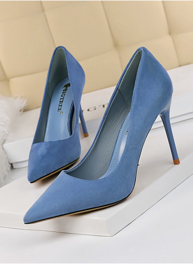 BIGTREE Women's Solid Color Elegant Velour Stiletto Pumps 9 CM Fashion Gorgeous Closed Pointed Toe Slip On Solid High Heels Blue  - Image 1