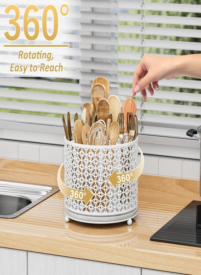 OVICAR 360° Rotating Kitchen Utensil Holder - Fast-Drying Utensils Caddy - 4 Compartment Flatware Silverware Organizer High Raised Cutlery Holder with Handle for Kitchen Countertop Party Picnic Table White - Image 3