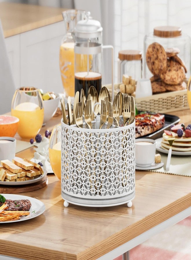 OVICAR 360° Rotating Kitchen Utensil Holder - Fast-Drying Utensils Caddy - 4 Compartment Flatware Silverware Organizer High Raised Cutlery Holder with Handle for Kitchen Countertop Party Picnic Table White - Image 4