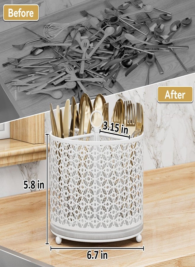 OVICAR 360° Rotating Kitchen Utensil Holder - Fast-Drying Utensils Caddy - 4 Compartment Flatware Silverware Organizer High Raised Cutlery Holder with Handle for Kitchen Countertop Party Picnic Table White - Image 5