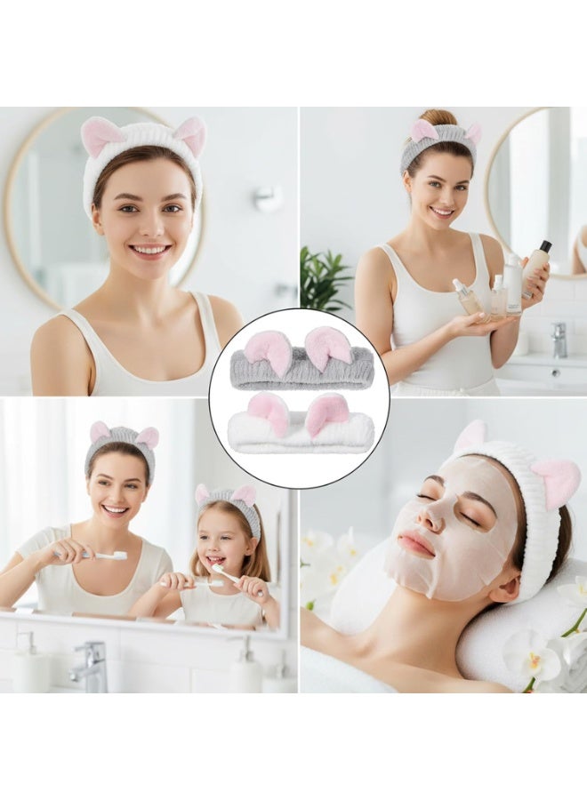 TEMPO 2 Pcs Cat Ears Headband, Cute Cat Spa Hair band for Washing Face Skincare Makeup Headbands for Women Girls Soft Coral Fleece Hair Accessories - Image 5