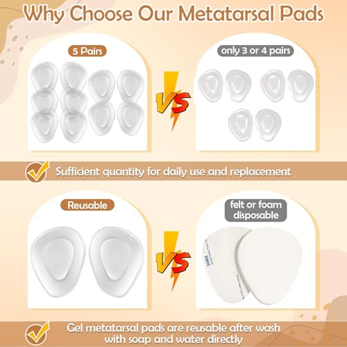 Shynek 10 Pack Metatarsal Pads for Foot Ball of Foot Cushions for Heel Soft Gel Self Adhesive Foot Pad Insoles Forefoot and Sole Support Pain Lessen Metatarsalgia Mortons Neuroma for Women and Men - Image 5