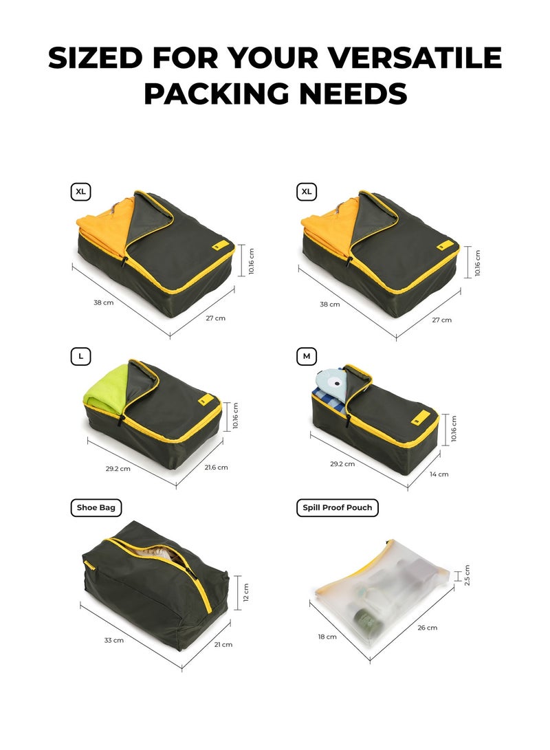 Mokobara Packing Cubes Set of 6 | 4 Sizes + Shoe Bag + Toiletry Bag | Water-Resistant Nylon | Mesh-Top, Fits Any Suitcase | Green (Homegrown Sunray) - Image 3