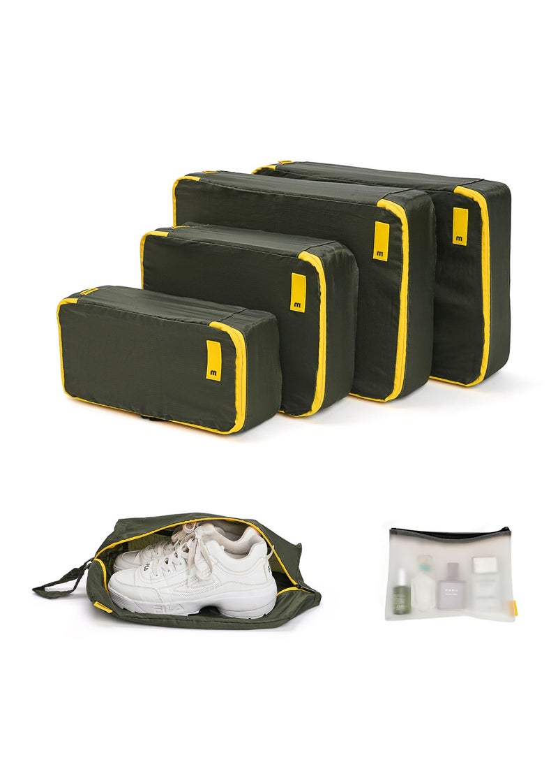 Mokobara Packing Cubes Set of 6 | 4 Sizes + Shoe Bag + Toiletry Bag | Water-Resistant Nylon | Mesh-Top, Fits Any Suitcase | Green (Homegrown Sunray) - Image 1