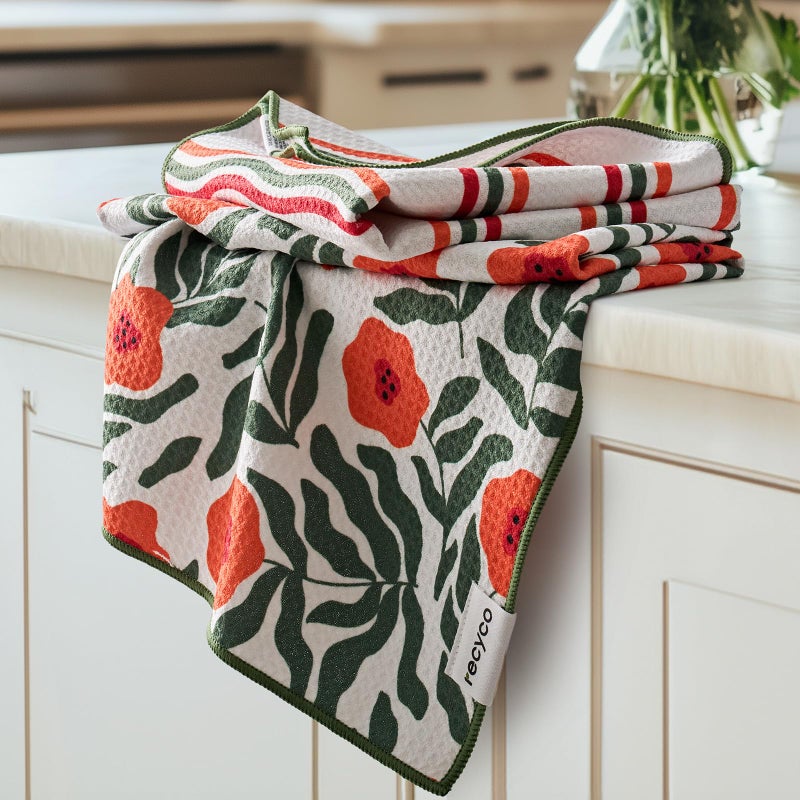 RECYCO Waffle Kitchen Towel Set of 2 - Quick Dry Microfiber Sustainable Dish Towels - Ultra Absorbent Reusable Cleaning Tea Towels - Lightweight Hand Towels,16â€x 28â€, Poppy Waves - Image 1