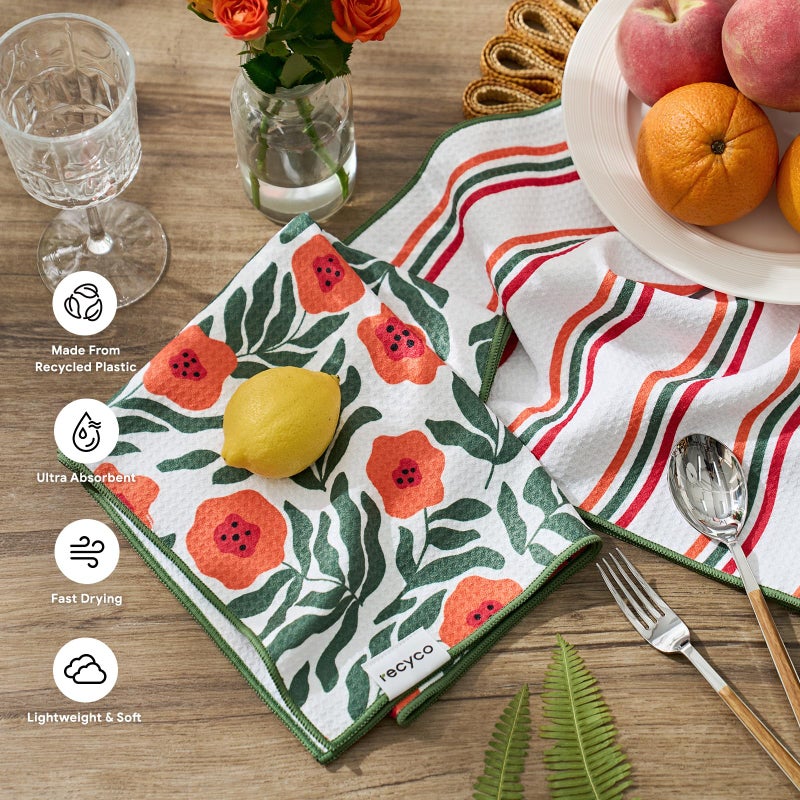 RECYCO Waffle Kitchen Towel Set of 2 - Quick Dry Microfiber Sustainable Dish Towels - Ultra Absorbent Reusable Cleaning Tea Towels - Lightweight Hand Towels,16â€x 28â€, Poppy Waves - Image 2