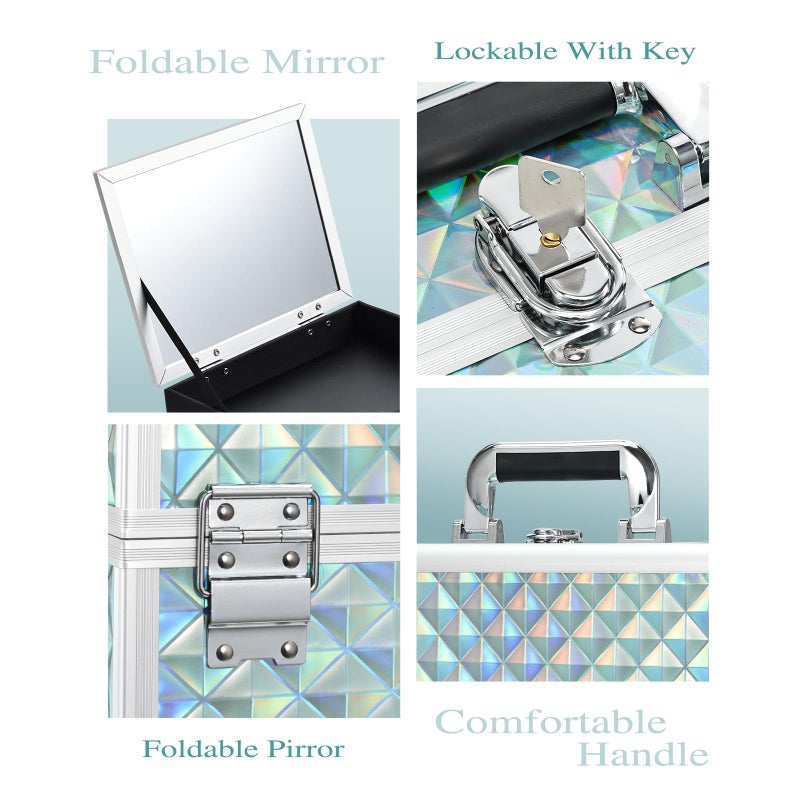 Joligrace Makeup Box 11.6-Inch Cosmetic Train Case for Women Travel Jewelry Organizer with Compartments & Mirror Portable Lockable Make-up Trunk Turquoise - Image 3