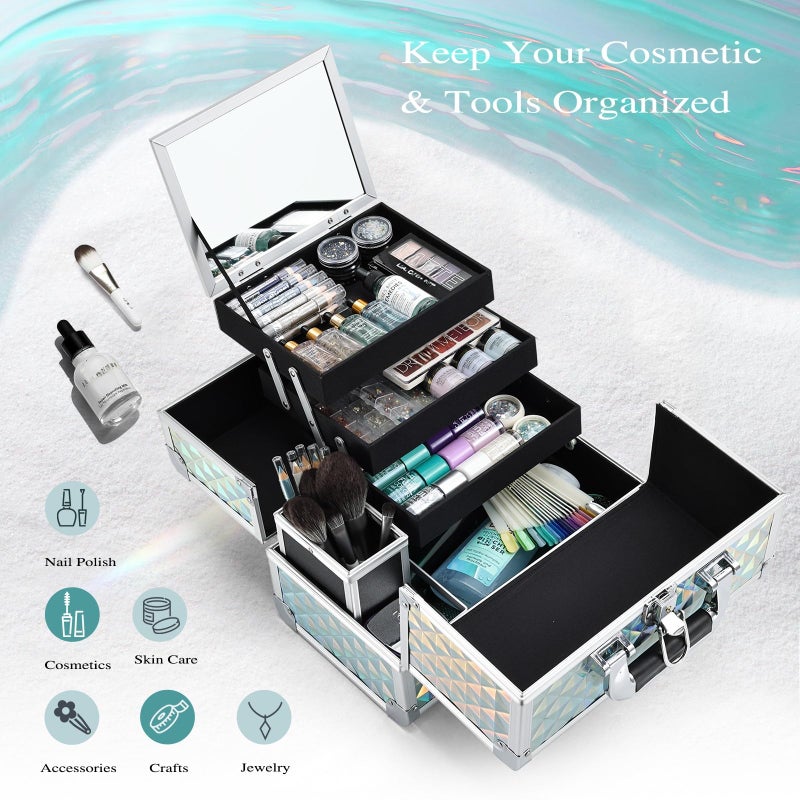 Joligrace Makeup Box 11.6-Inch Cosmetic Train Case for Women Travel Jewelry Organizer with Compartments & Mirror Portable Lockable Make-up Trunk Turquoise - Image 2