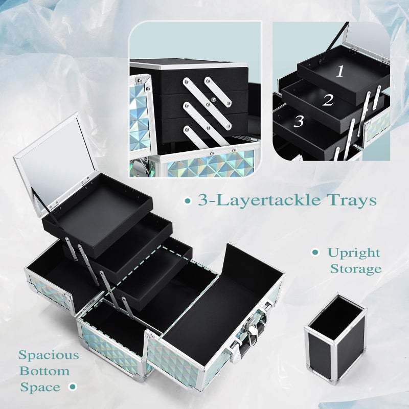 Joligrace Makeup Box 11.6-Inch Cosmetic Train Case for Women Travel Jewelry Organizer with Compartments & Mirror Portable Lockable Make-up Trunk Turquoise - Image 4