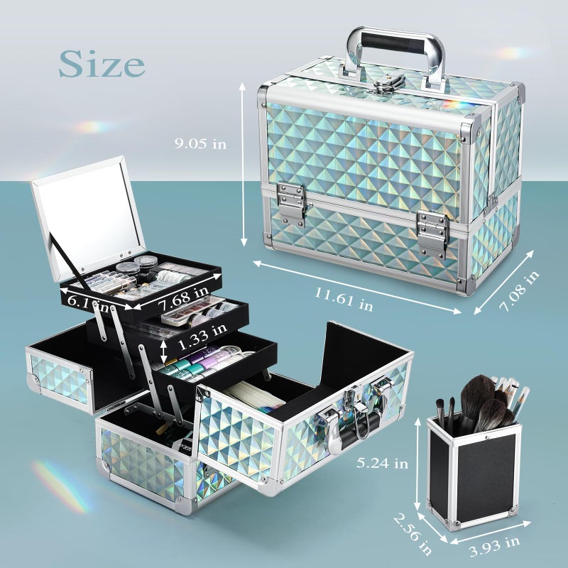 Joligrace Makeup Box 11.6-Inch Cosmetic Train Case for Women Travel Jewelry Organizer with Compartments & Mirror Portable Lockable Make-up Trunk Turquoise - Image 5
