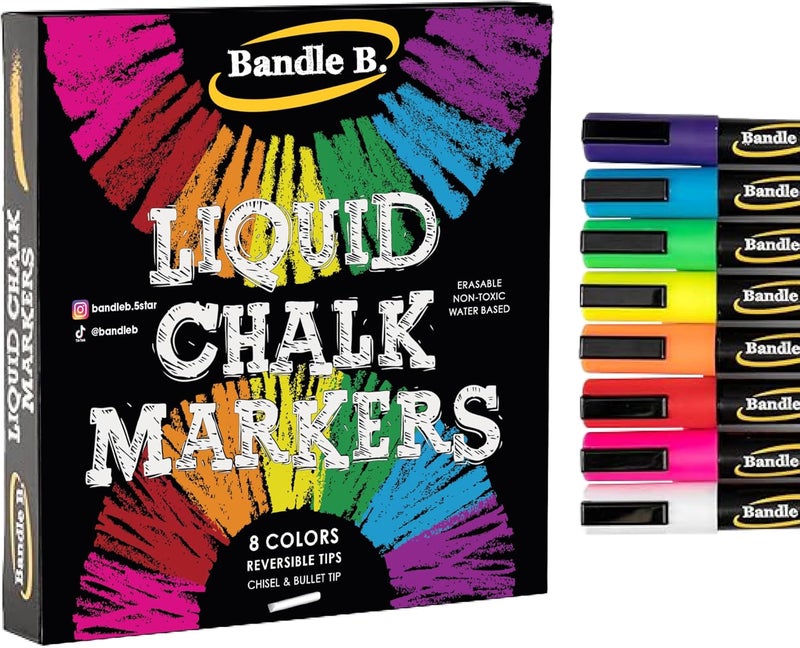 Bandle B. Chalk Markers - 8 Vibrant, Erasable, Non-Toxic, Water-Based, Reversible Tips, For Kids & Adults For Glass Or Chalkboard Markers For Businesses, Restaurants, Liquid Chalk Markers (Vibrant 6Mm) - Image 1