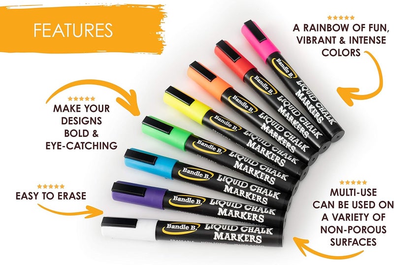 Bandle B. Chalk Markers - 8 Vibrant, Erasable, Non-Toxic, Water-Based, Reversible Tips, For Kids & Adults For Glass Or Chalkboard Markers For Businesses, Restaurants, Liquid Chalk Markers (Vibrant 6Mm) - Image 3