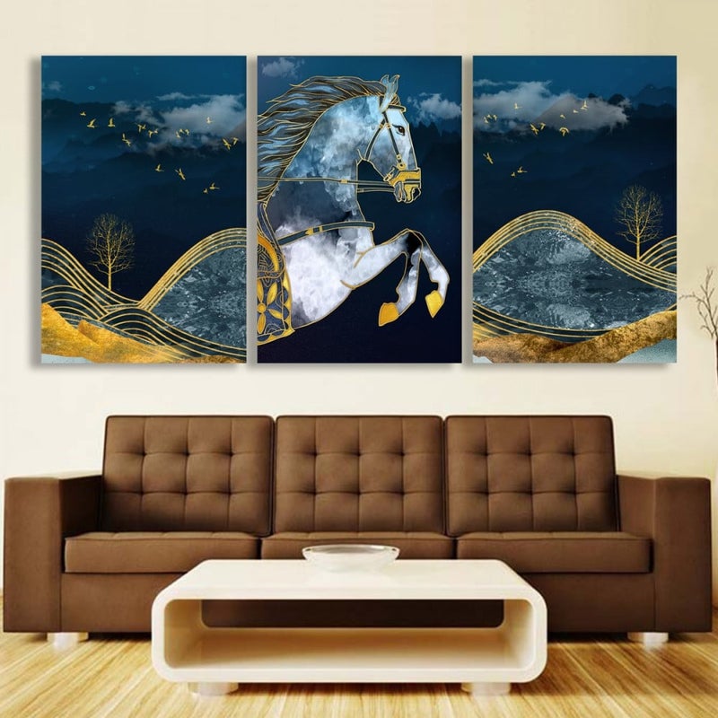 Marktna Three canvas paintings with a horse design and a hollow frame, measuring (90×40), three pieces - Image 1