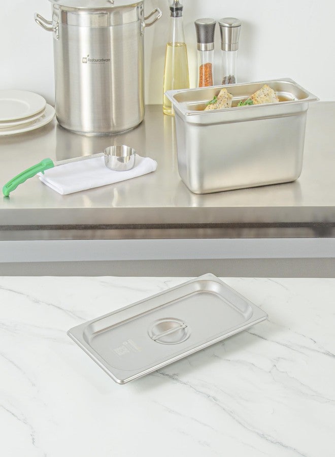 Restaurantware-LID ONLY: Kitchen Tek 12.8 x 6.9 Inch Steam Table Pan Cover, 1 NSF Hotel Pan Cover - 1/3 Size Sold Separately, With Handle, Stainless Steel Lid, For Catering - Image 3
