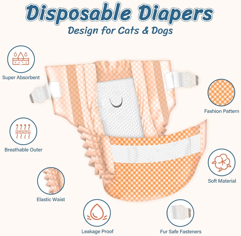 Pet Soft Disposable Cat Diapers - Female Dog Diapers for Cats & Dogs in Heat Period or Urine Incontinence, Doggie Diapers Ultra Absorbent Leak-Proof Puppy Diapers 24pcs (Orange, XXS) - Image 3