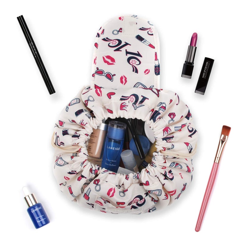 Nirvik Women’s Waterproof Travel Cosmetic & Toiletry Bag | Multifunction Portable Makeup Organizer with Drawstrings, Lazy Travel Storage Pouch (White Lip) - Image 3