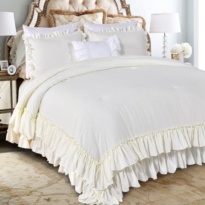 RUFFLE COMFORTER SET KING SIZE SHABBY FRENCH COUNTRY CHIC BEDDING IVORY COMFORTER SETS 3 PIECES FARMHOUSE LIGHTWEIGHT BOHO COMFORTER SET FOR BED ULTRA SOFT MICROFIBER FLUFFY BEDDING