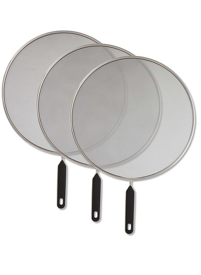 3Pcs Kitchen Supply Splatter Screens Stainless Steel Fine Mesh,Comfort Grip Handles,Use on Boiling Pots Frying Pans,Grease Oil Guard Safe Cooking Splash Protection Lid